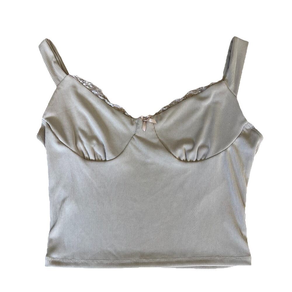 Y2K Beige Ribbed Bustier Crop Lace Trim Y2K Fairy Core Size Women Large